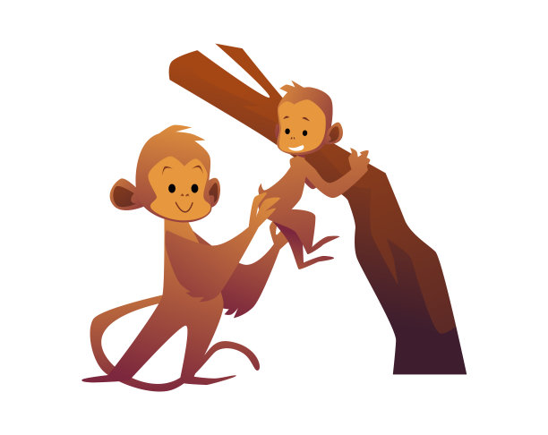 猴子妈妈帮助她的小猴子扁卡通矢量插图孤立。图片下载