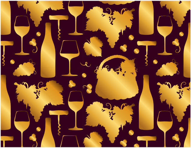 金色图案的画酒瓶，葡萄在篮子里，酒杯与酒精饮料，香槟在红色的背景图片下载