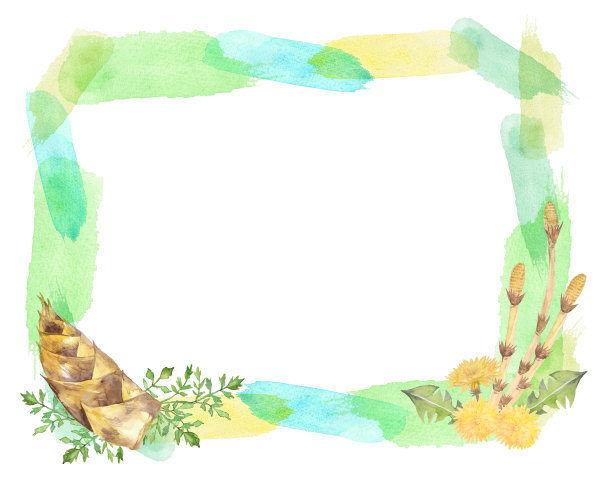 日本春天野生植物，水彩相框图片下载