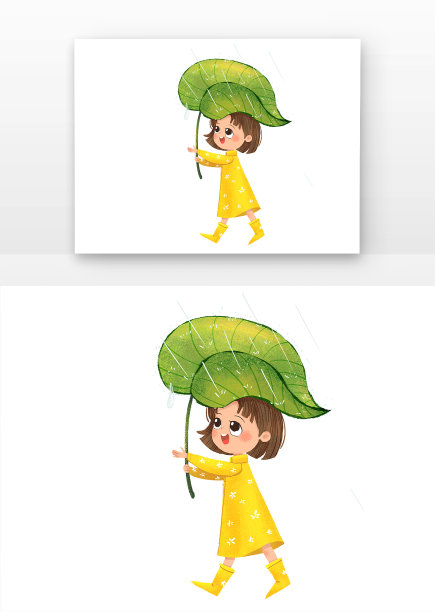 女孩手举树叶在雨中接雨滴图图片下载