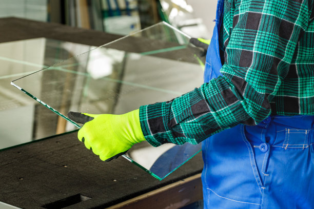 玻璃工人将玻璃放在玻璃厂的切割台上，在玻璃厂与玻璃板一起工作图片下载