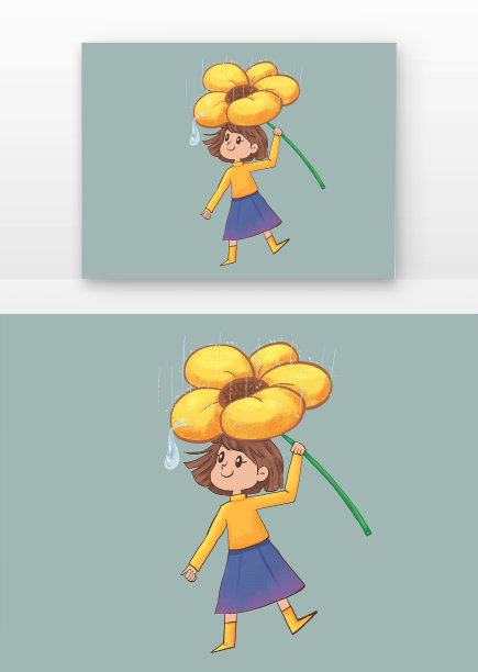 下雨天女孩手举鲜花玩水图图片下载