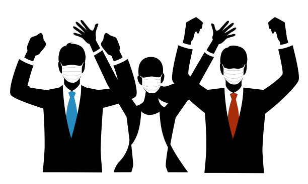 剪影中的男女戴着面具举起双手图片下载