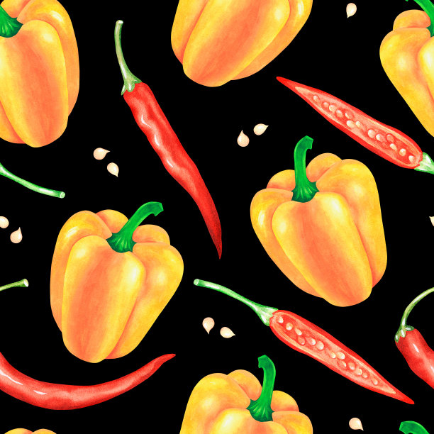 甜椒和红辣椒。无缝模式。水彩插图。孤立在黑色背景上。图片下载