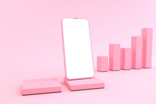 粉色柱状图类模拟的3D渲染粉色智能手机的白色屏幕。智能手机的白色屏幕可用于商业广告，孤立在粉红色的背景。图片下载