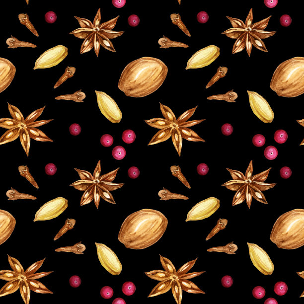 水彩画无缝图案与配料热葡萄酒，手绘草图，在黑色背景上的饮料插图图片下载