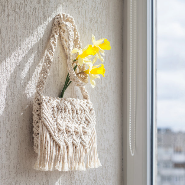 手工编结袋与花在光墙上。环保自然流苏棉袋。爱好编织手工流线。现代夏季的概念。图片下载