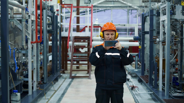 一位石油和天然气工业工人站在气体压缩车间。一名留着胡子的男子戴着头盔和耳机，在智能手机上控制设备的运行模式。在工厂工作图片下载