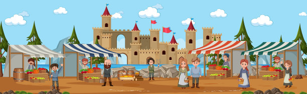 中世纪城镇场景，村民在集市上图片下载