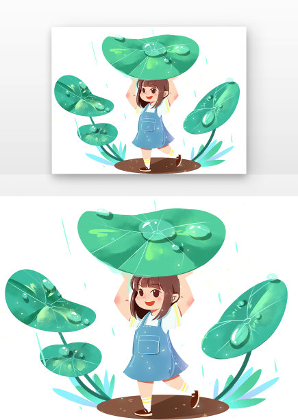 雨水节气春天女孩和叶子PNG素材图片下载