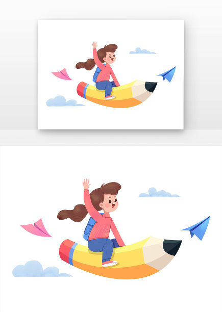 可爱女孩坐在铅笔上开心飞翔图图片下载
