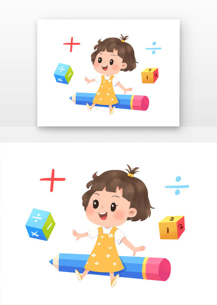 女孩坐在铅笔上遨游在数学里图片下载