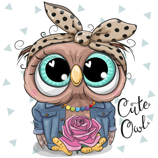 卡通猫头鹰在牛仔夹克与粉红色的玫瑰图片下载