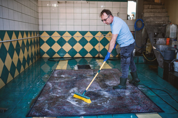 用刷子对地毯进行化学清洗。图片下载