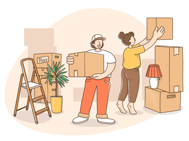 夫妻俩在搬家的时候把东西装进箱子里图片下载