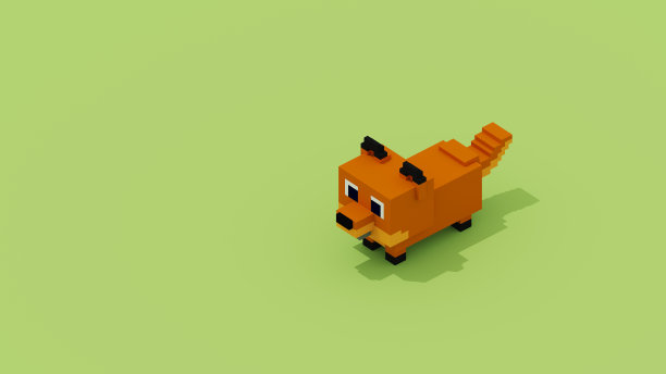 3D像素动物与复制空间，横幅，壁纸。像素狐狸与绿色背景3D渲染图片下载