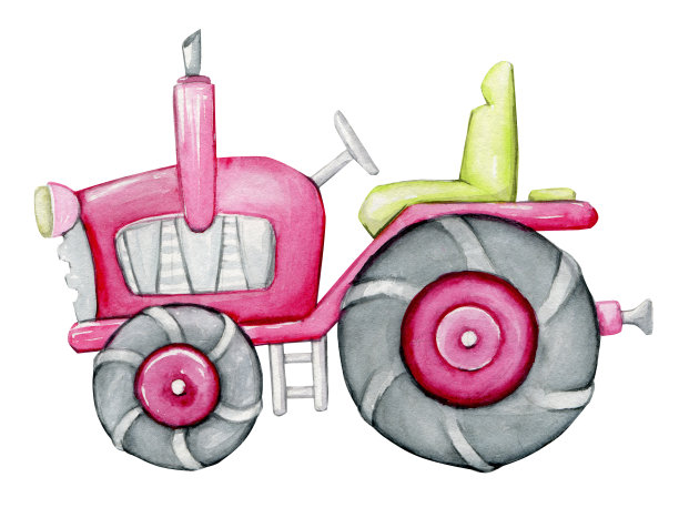 拖拉机，水彩插图，卡通风格，在一个孤立的背景。用于野外工作的重型农用设备。图片下载