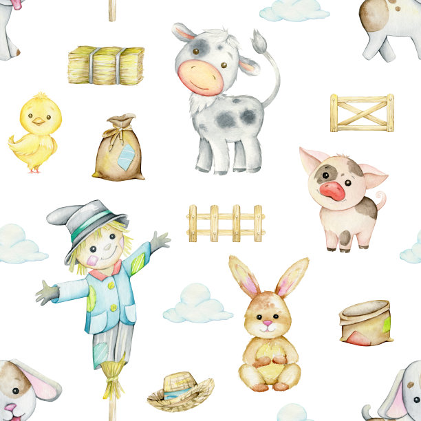 水彩无缝图案，卡通风格，在孤立的背景。毛绒动物，牛，兔子，猪，鸡，狗。农场动物。图片下载