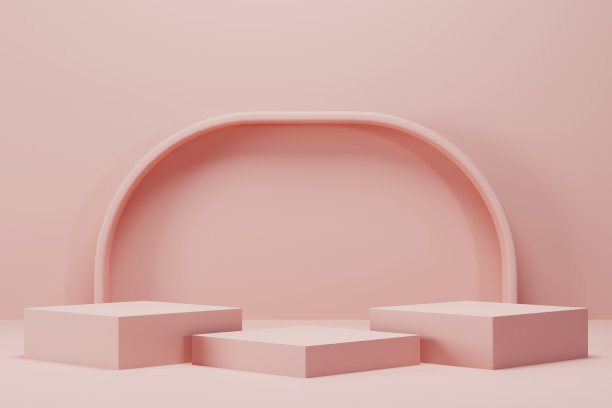 最小的粉红色盒子平台，产品展示与曲线杆背景。三维渲染图片下载
