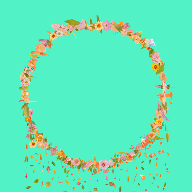 美丽的花艺圈，五颜六色的花像雨一样落下。春季概念照片。健康水疗香味空气复制空间框架的想法由花瓣，花朵，花朵和花蕾图片下载