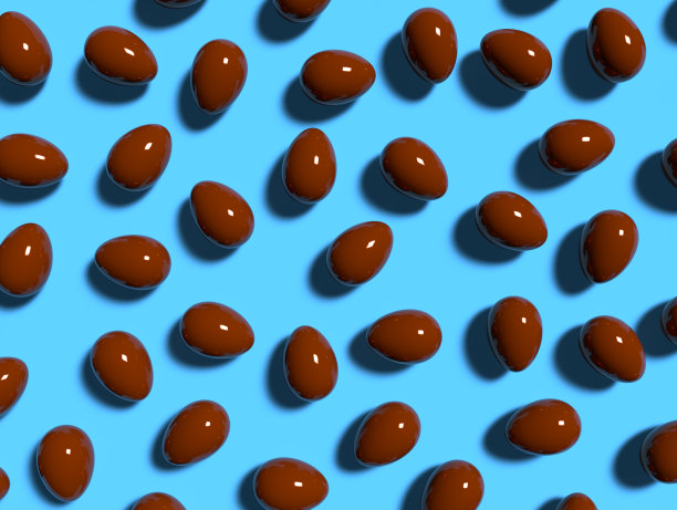 巧克力复活节彩蛋在蓝色背景平面上俯视图3d插图，3d渲染。图片下载