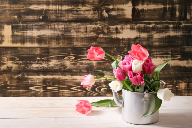 木制背景的旧茶壶里的郁金香图片下载