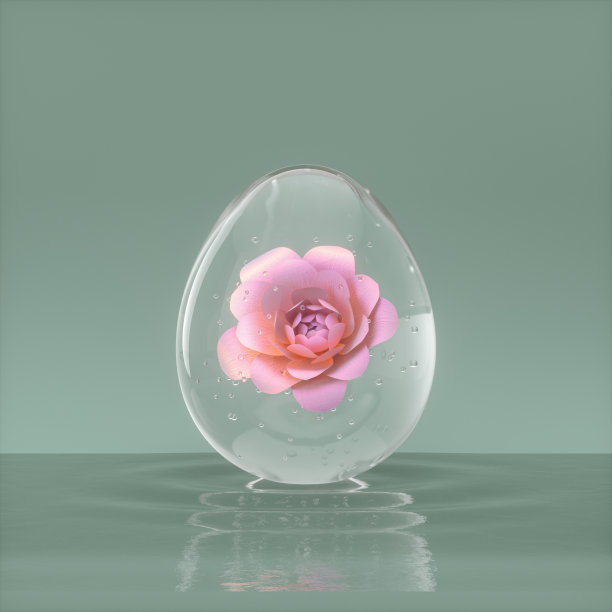 水晶蛋与花装饰在水波纹的背景。图片下载