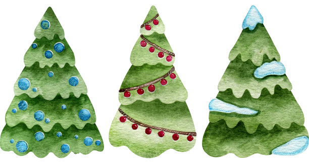 水彩画创意的雪覆盖冷杉树与节日球。圣诞节装饰。图片下载