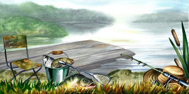 钓鱼旗帜。河谷景观。一张画着夏日捕鱼季节风景如画的海报。图片下载