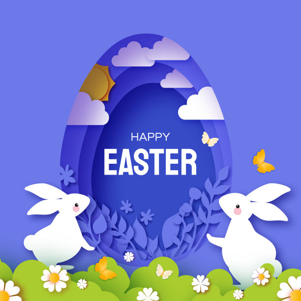 复活节快乐贺卡与可爱的白兔子剪纸风格。兔子，花和蝴蝶。现代风格的春假。寻找复活节彩蛋。春天的景象。图片下载
