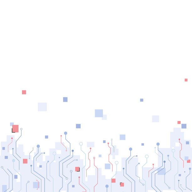 白色背景上的蓝色和红色电路技术概念。干净的方形粒子和线条数字，电子摘要。图片下载