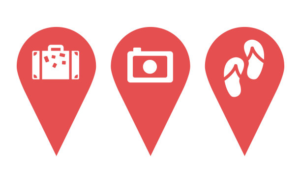 销的图标集。旅游业、旅游、度假。别针直接指向大海，旅游，旅行，飞行，热带。图片下载