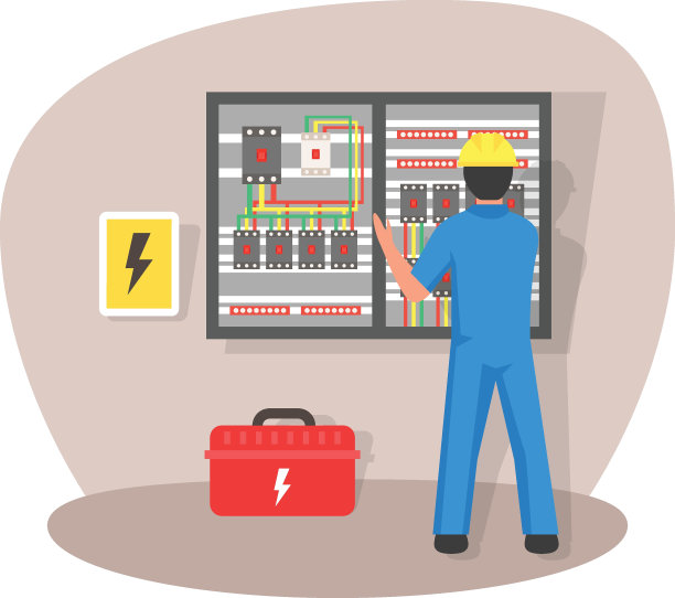 控制电压配电盘概念，杂工，室内或办公室控制电压配电盘矢量图标设计，电工专业符号，电源和接线标志，图片下载
