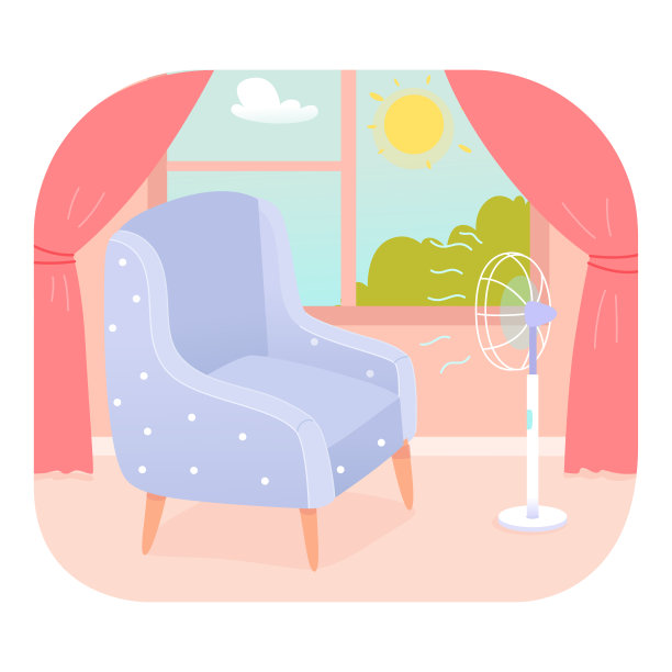 客厅室内吹动电风扇和扶手椅，窗外的夏日热气和阳光图片下载