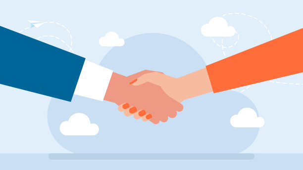 男女都要握手。握手会达成协议。商务人士的握手伙伴，商人和女商人。女人和男人的手。平面插画风格。图片下载