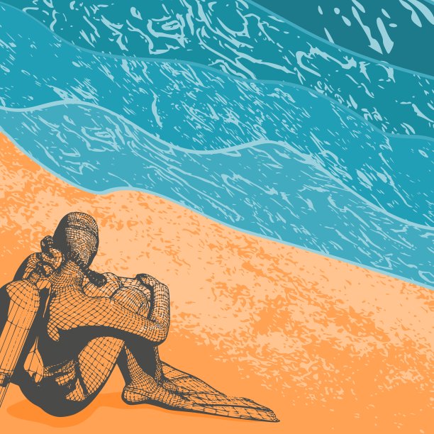 坐在海边的潜水者的黑白剪影。细网结构图片下载