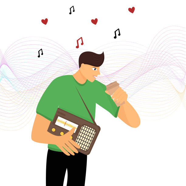 世界广播的一天。男人手里拿着一台旧收音机，听音乐或声波，喝咖啡。图片下载