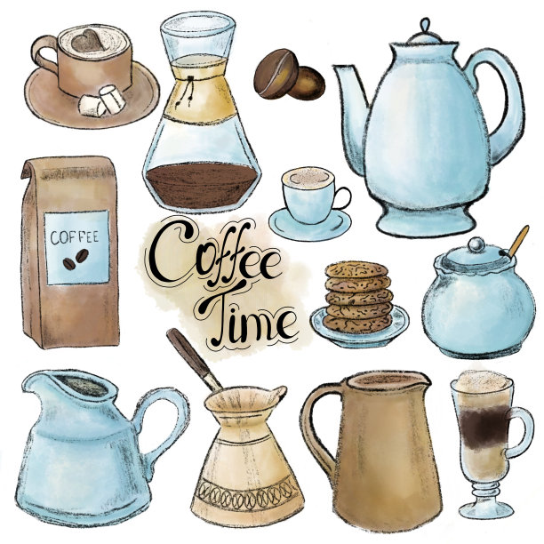 一套茶壶和茶杯。装饰厨房用具，家庭用具，茶具或咖啡用陶瓷餐具。水彩卡通插图。图片下载
