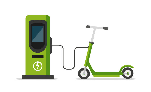 电动滑板车和电池充电器隔离在白色背景上。图片下载