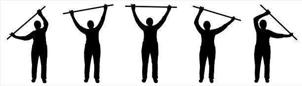 五人的位置逐渐运动动画。一名女子手持一根体操棒进行体育锻炼。手里拿着棍子的老年妇女正在进行体操。图片下载