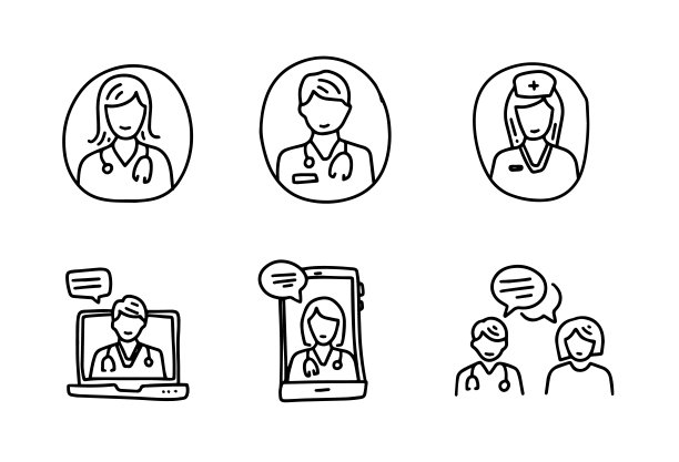 医生图标在涂鸦风格。手绘医疗元素。运行状况检查收集。在线检查图片下载