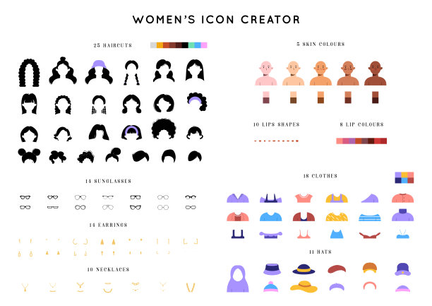 向量集的颜色打扮构造构造不同的女性发型，眼镜，衣服，项链和耳环在扁平的风格。女性面孔图标创造者。图片下载