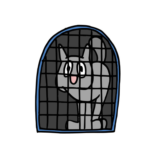 可爱的灰猫被关在宠物笼子里。卡通风格的插图。图片下载