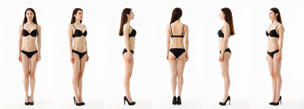 模型试验。照片模特背面，美丽的黑发女人在内衣，孤立在白色图片下载