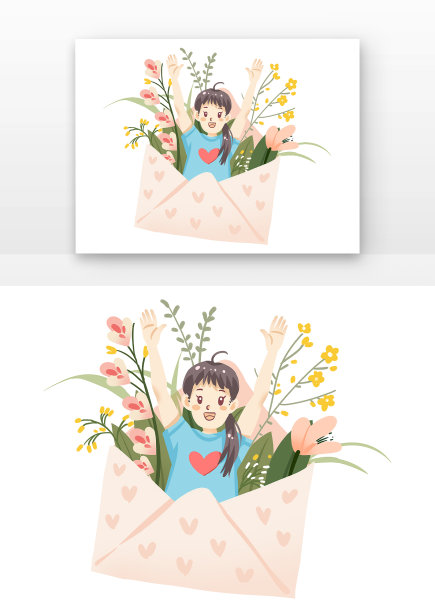粉色花朵妇女节女孩和信封图片下载