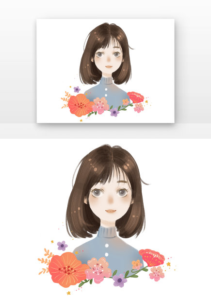 蓝色短发花朵妇女节水彩女孩图片下载