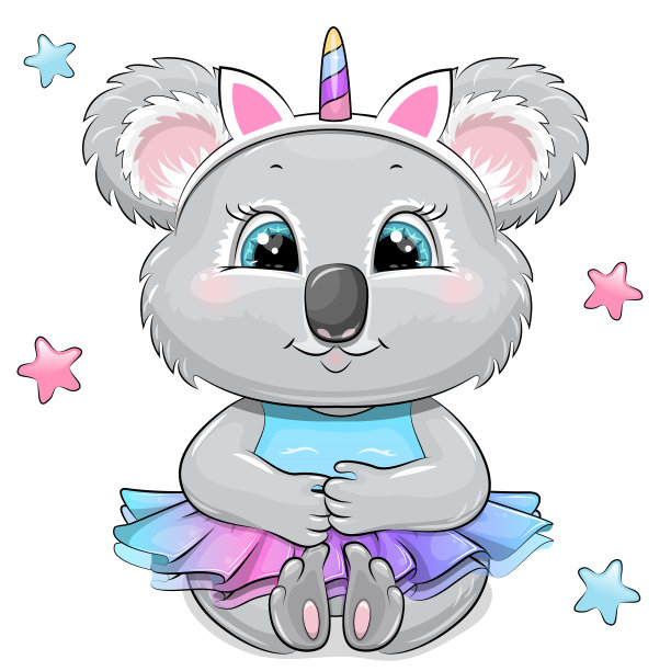 可爱的卡通考拉，穿着独角兽连衣裙和头带。图片下载