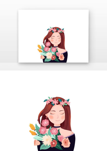 原创元素妇女节手捧鲜花的女孩图片下载