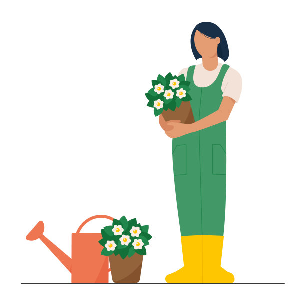 可爱的女人捧着一盆花，在雪白的花园里做着家务。带着浇水罐的快乐女孩照顾着正在生长的植物。矢量图图片下载