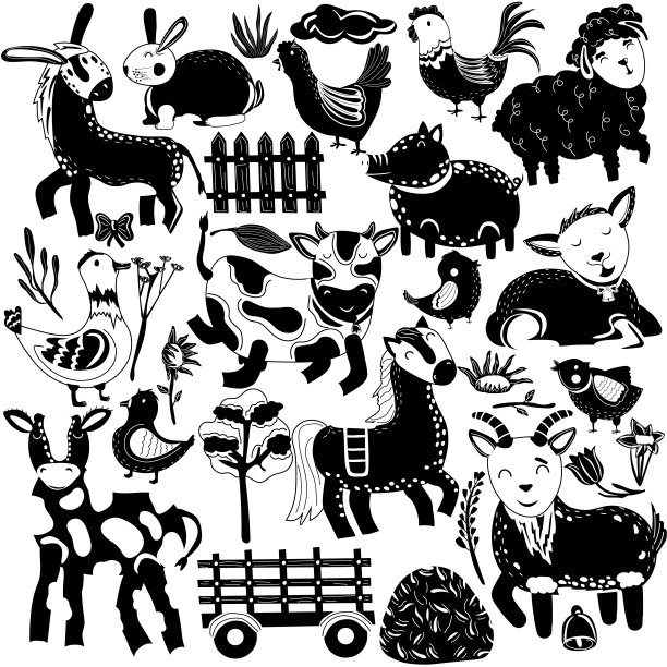 一个有动物的大农场。宠物、山羊、驴、猪、牛、鸡、手推车、干草、花等等。可爱的黑白农场动物为您的设计。放荡不羁的风格的动物。矢量图图片下载